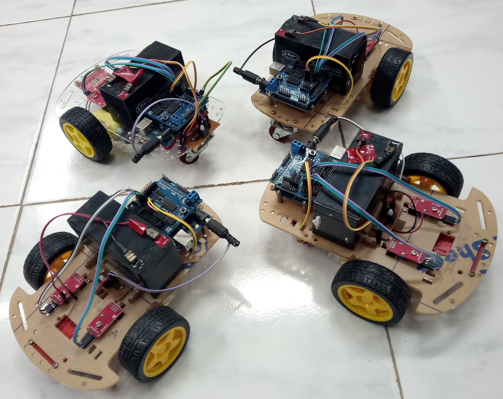 Gathering point for two robots and three obstacles